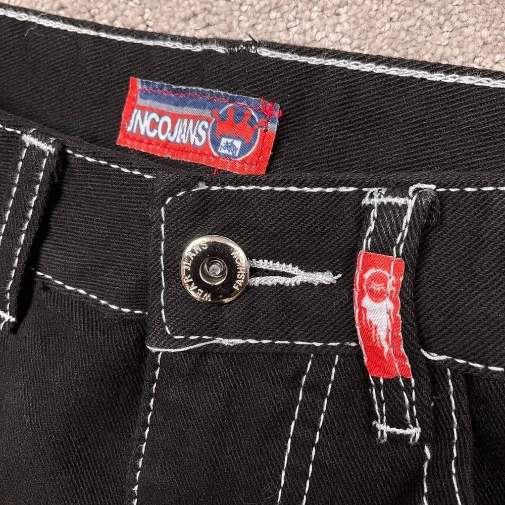 Wide Leg‎ Flaming Skull Pocket  Mens Small Black Contrast Stitch Denim Hip Hop
